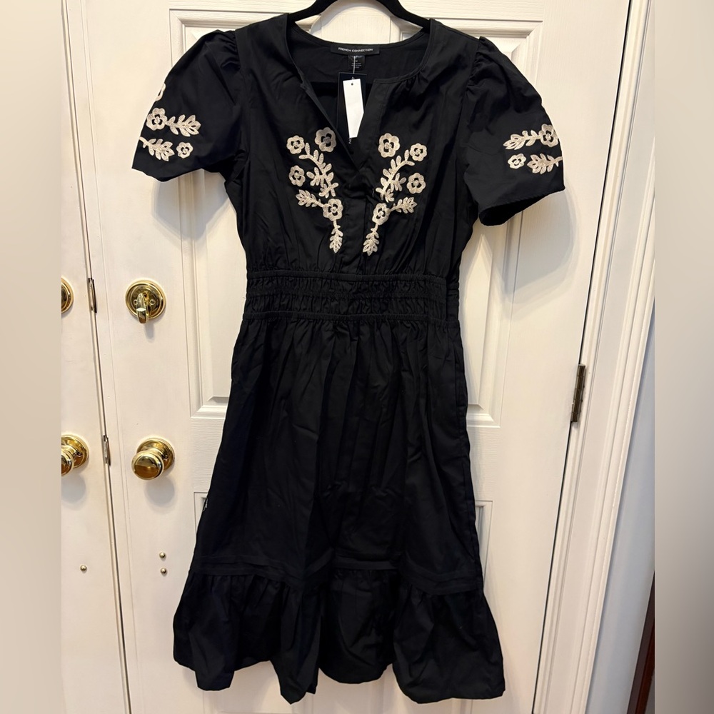 French Connection Black Dress with Cream Embroidery
